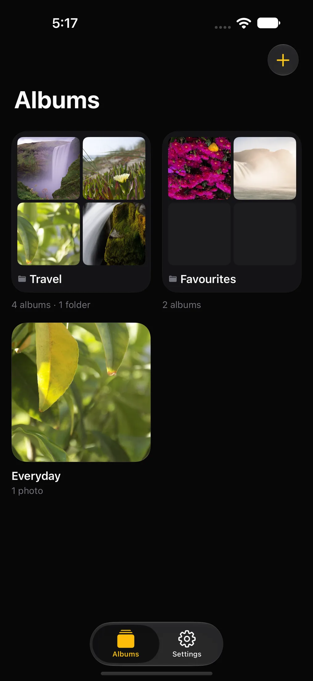 The Frame album list on an iPhone, showing folders and albums of photos