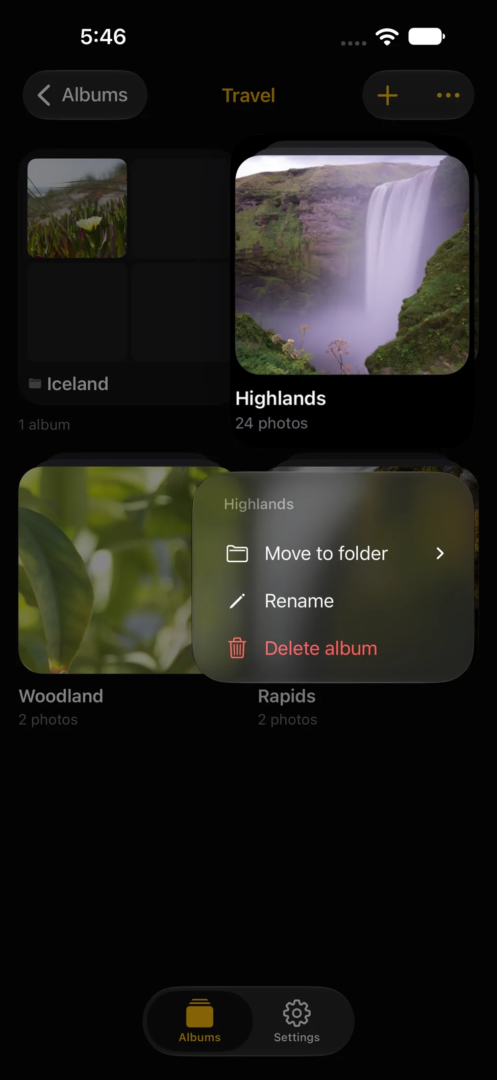 Touching and holding a Frame folder opens a menu to move, rename or delete it