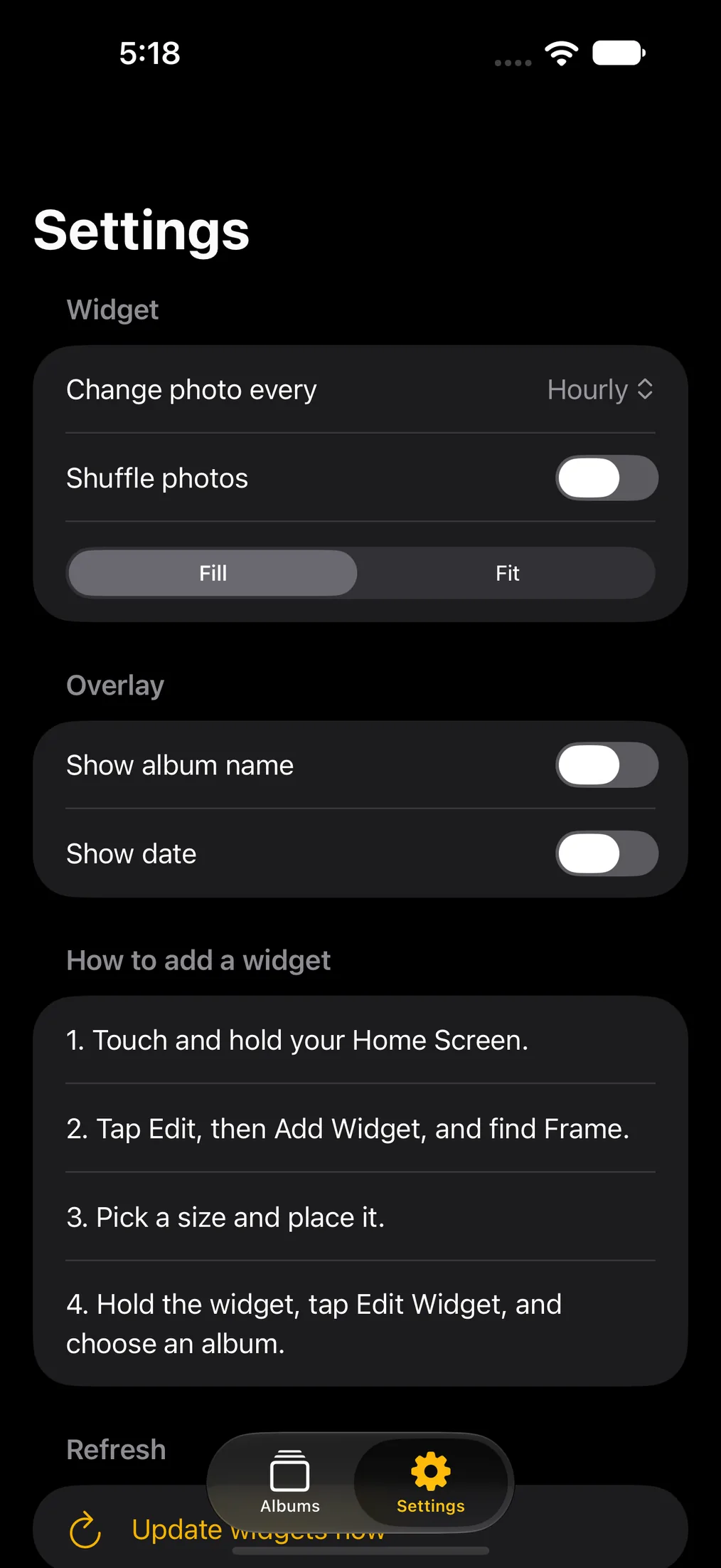 Frame widget settings, showing how often the photo changes