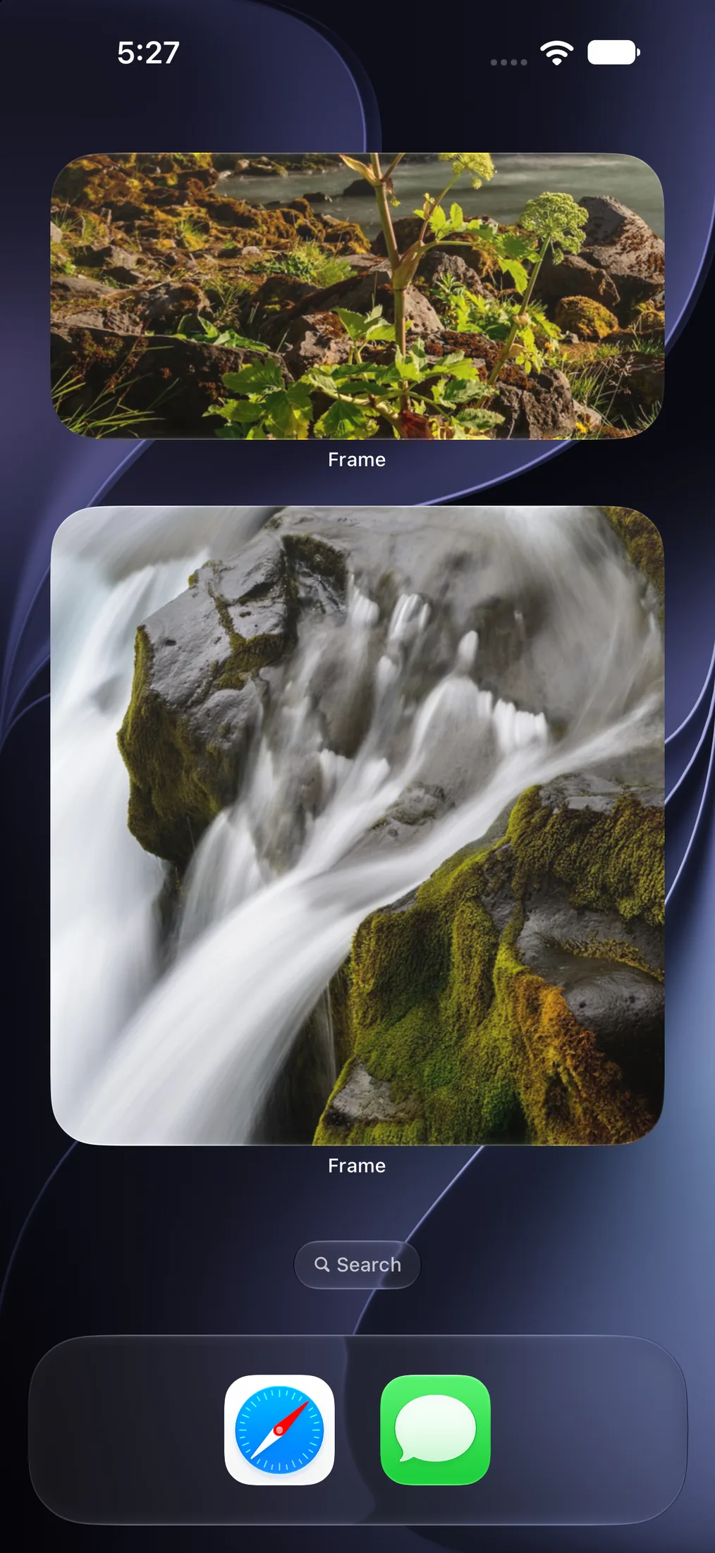 Frame widgets on an iPhone Home Screen in medium and large sizes, each showing a photograph